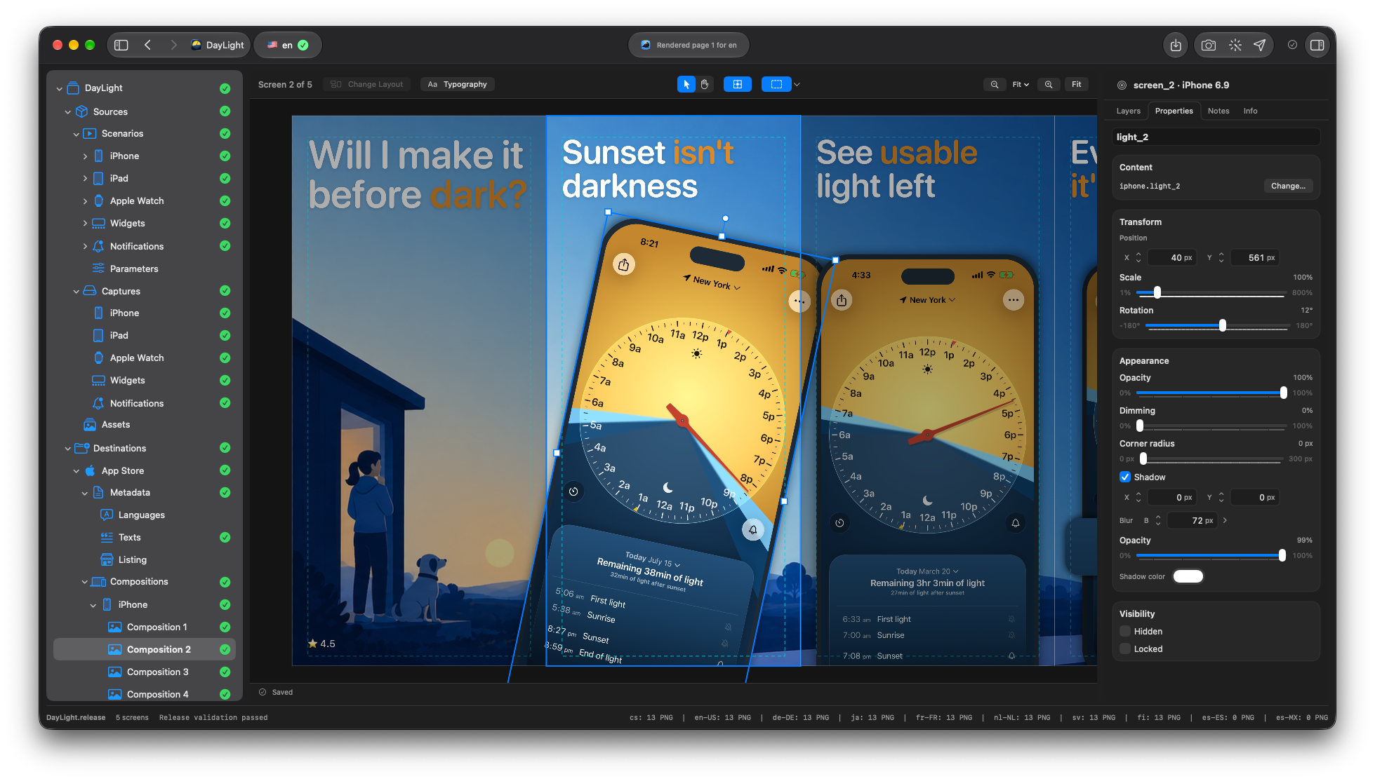 ReleaseStudio composition editor creating localized App Store screenshots on macOS