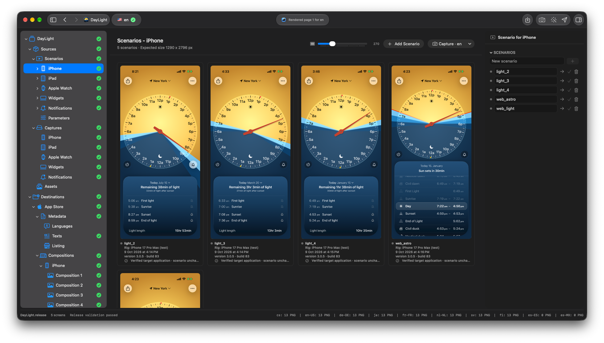 ReleaseStudio capture scenarios with iPhone screenshots, device details, app versions, and build metadata