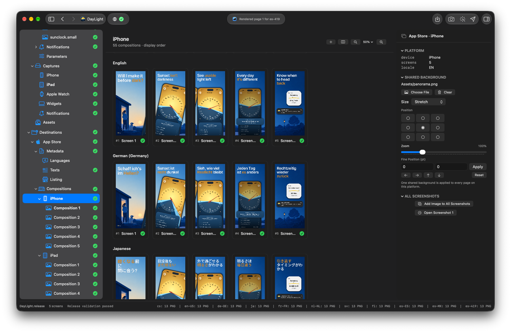 ReleaseStudio language chooser and validated Apple Watch screenshot compositions across multiple locales