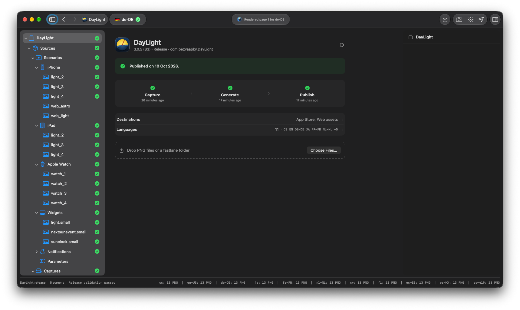 ReleaseStudio project overview showing successful capture, generation, validation, and publishing across devices and languages